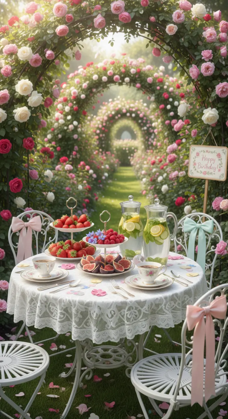 Mesa de jardín con mantel de encaje bajo arcos de rosas, con fresas e higos.