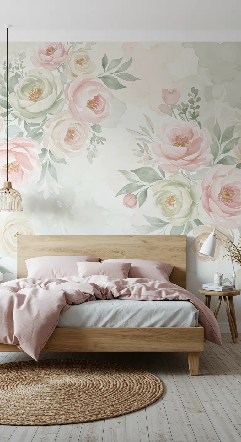 Dormitorio con un gran mural de pared de flores en acuarela rosa y verde detrás de la cama.