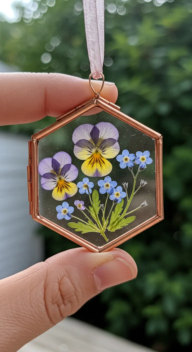 Mano sosteniendo un medallón hexagonal de cobre con pensamientos y nomeolvides prensados en su interior.