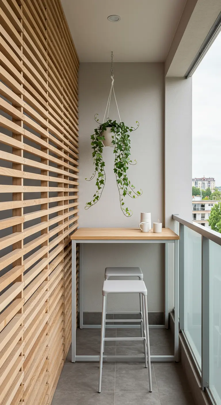 Balcón estrecho con pared de lamas de madera, una barra alta y una planta colgante