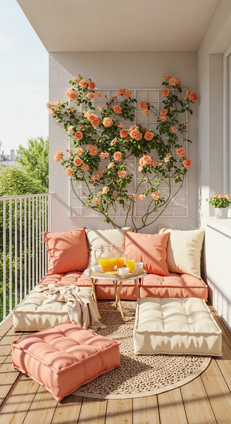Balcón soleado con una cama de día baja, cojines en tonos melocotón y rosas trepadoras