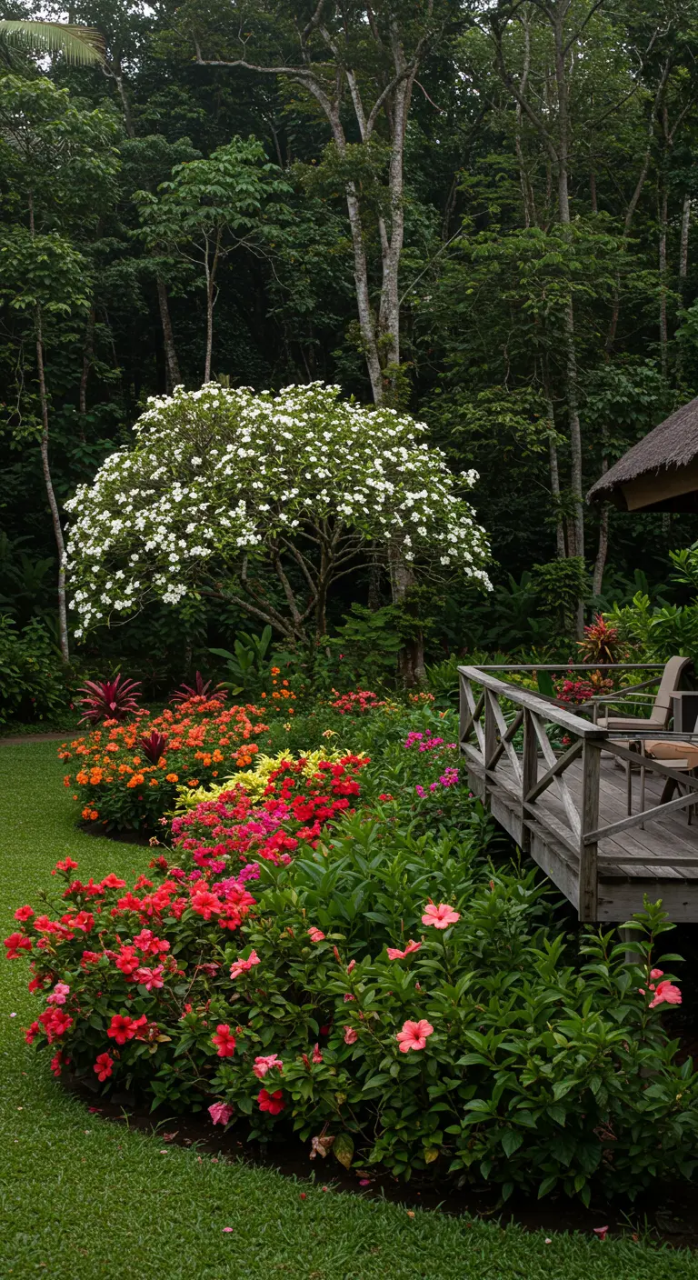 Terraza de madera junto a un enorme macizo de flores de colores vibrantes como rojo, rosa y naranja.