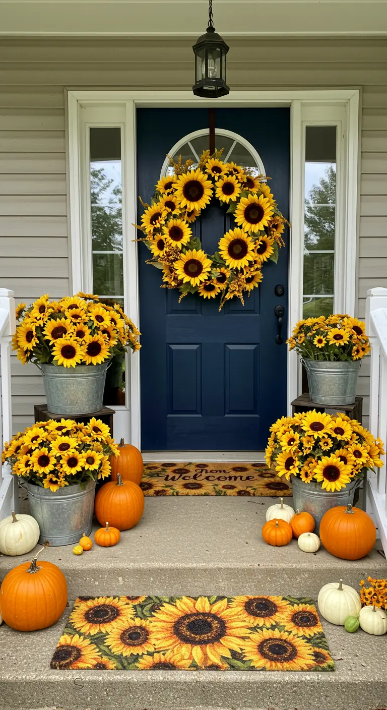 Porche lleno de girasoles en cubos de metal, calabazas naranjas y blancas, y una gran corona de girasoles.