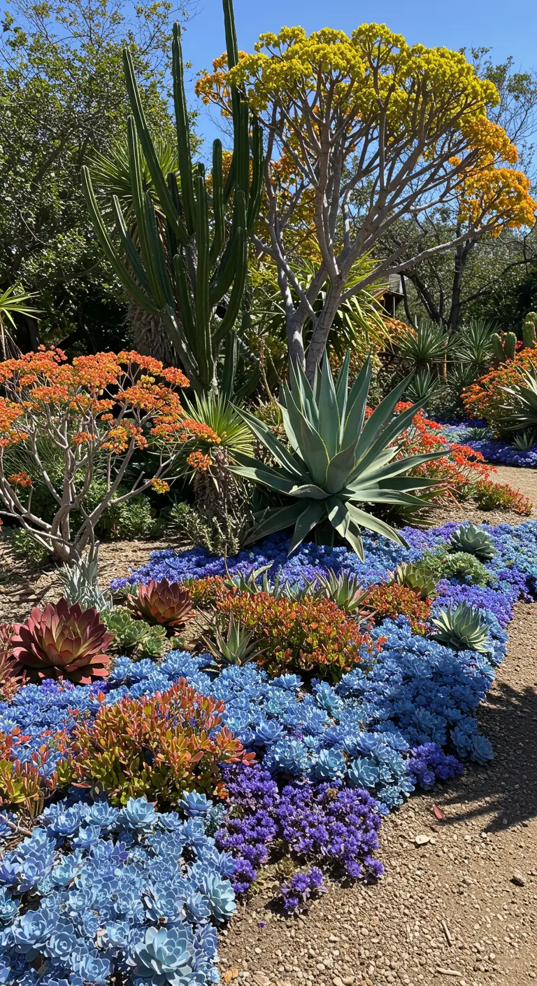 Jardín de rocalla con una cubierta masiva de suculentas azules que contrastan con otras de color naranja.
