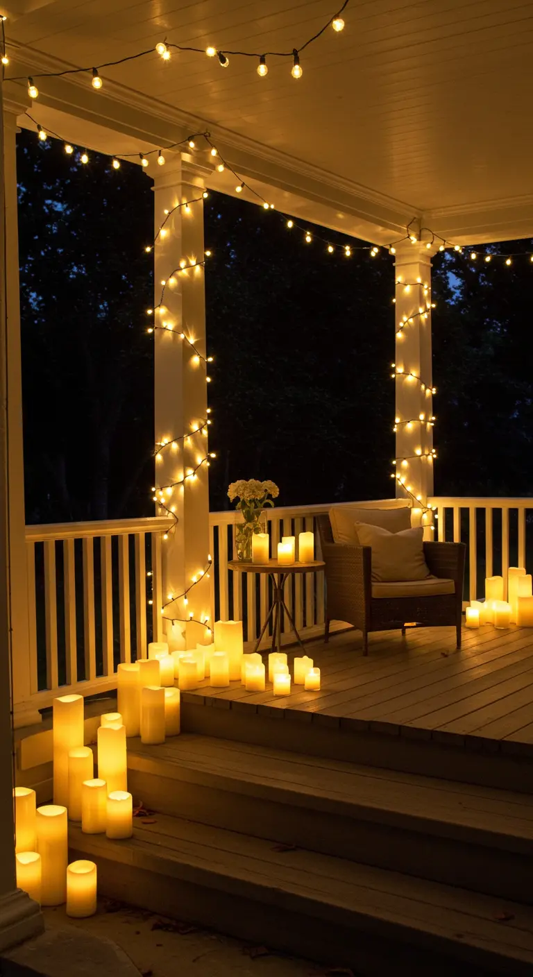 Porche de madera con decenas de velas LED de diferentes tamaños en los escalones y el suelo.