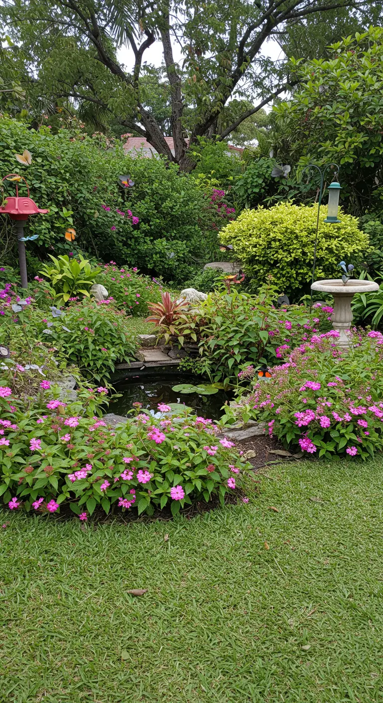 Pequeño estanque de jardín rodeado de piedras y una profusión de flores rosas y vegetación.