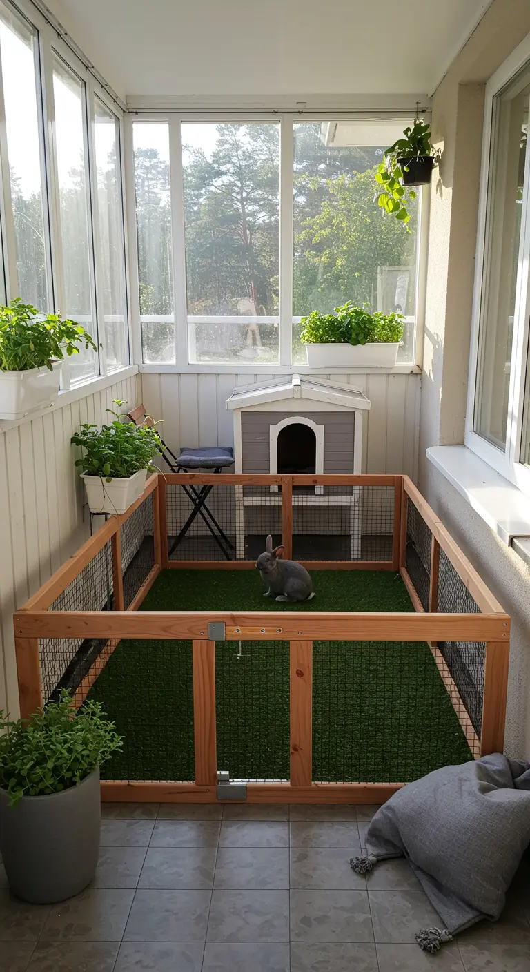 Balcón acristalado con un corral de madera y césped artificial para un conejo gris