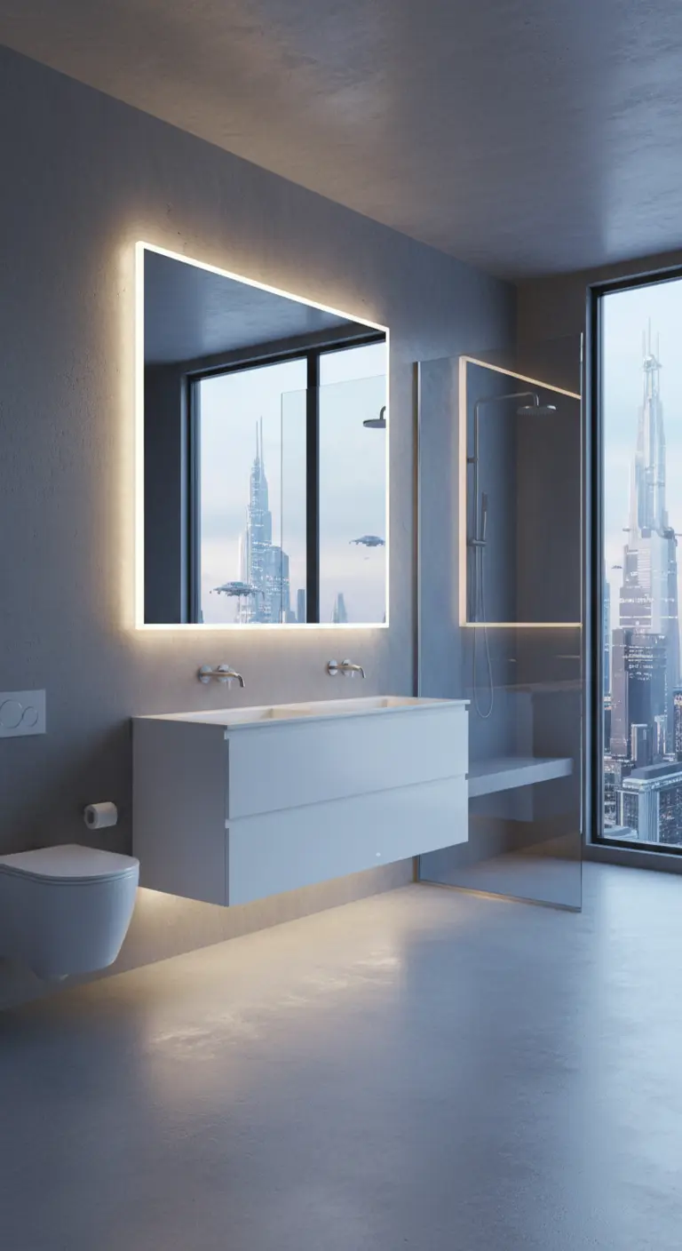 Baño moderno con paredes de hormigón, espejo retroiluminado y vistas a la ciudad.
