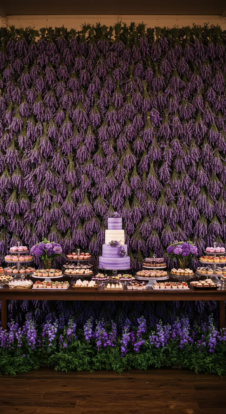 Mesa de postres con un impresionante fondo completamente cubierto de ramos de lavanda.