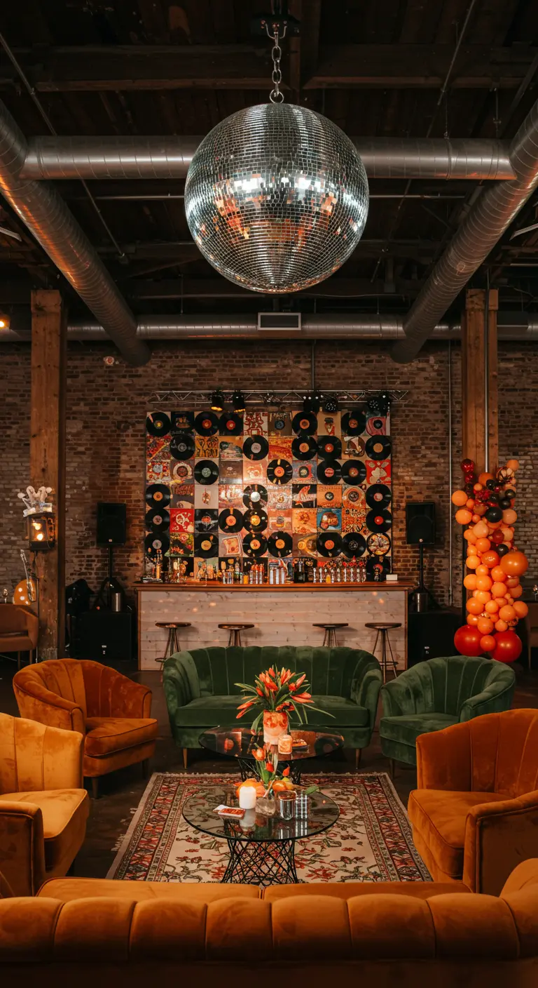 Pared decorada con discos de vinilo detrás de una barra en una fiesta con una bola de discoteca.