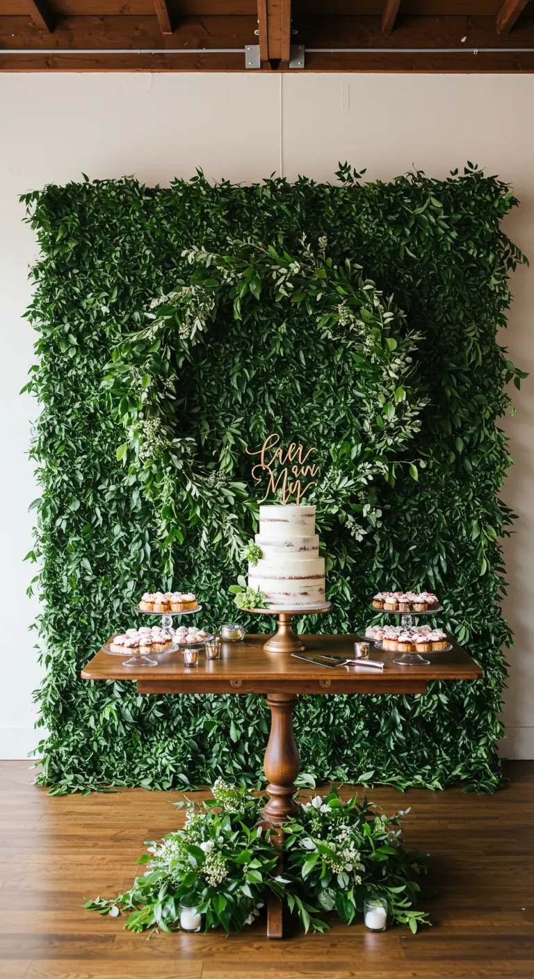 Pastel de bodas frente a una pared completamente cubierta de hojas verdes, con una corona decorativa.