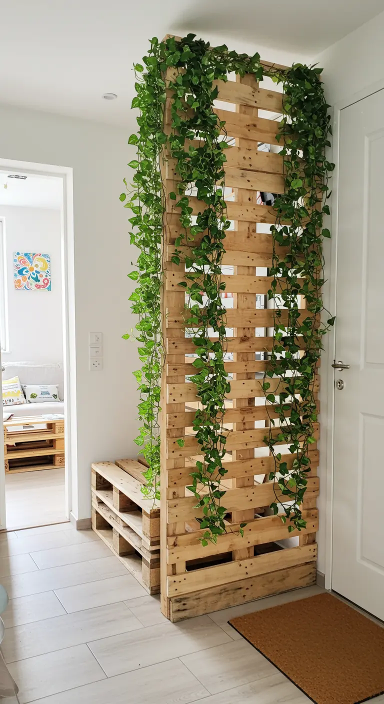 Separador de ambientes hecho con un palet en vertical, cubierto de plantas trepadoras.