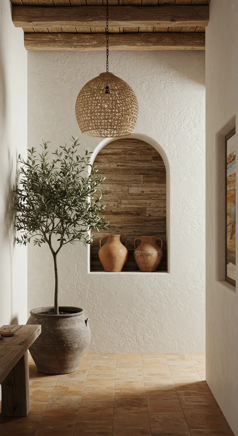 Entrada de estilo mediterráneo con pared encalada y un nicho en arco revestido de madera
