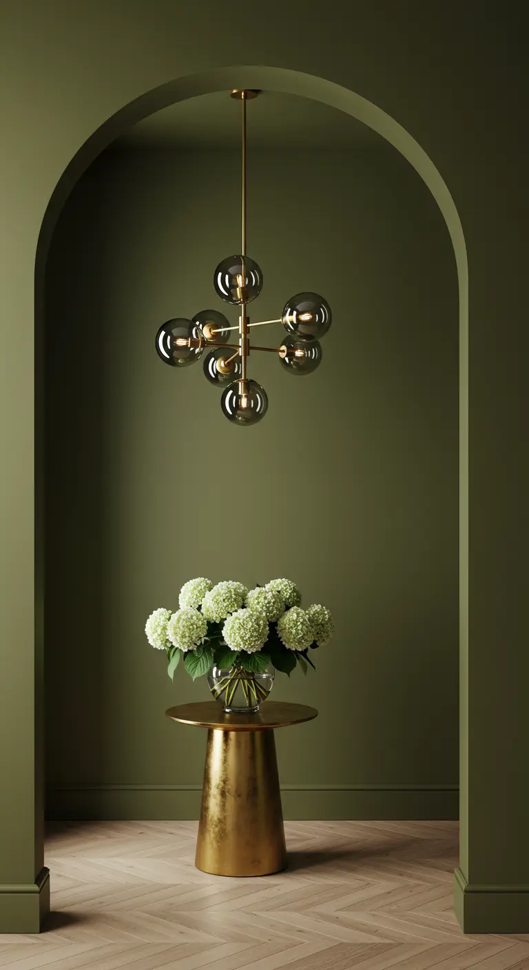 Nicho pintado de verde olivo con mesa dorada y lámpara colgante moderna.