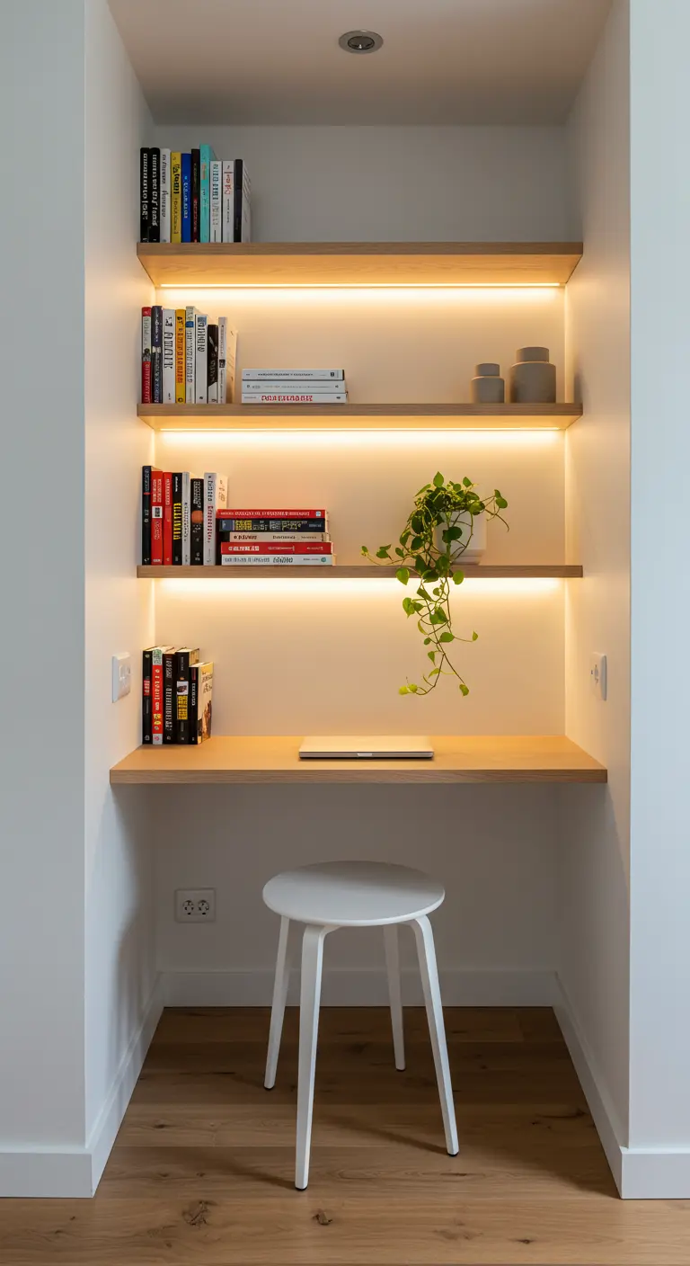 Pequeño despacho en un nicho con estantes de madera iluminados por tiras de LED cálidas.