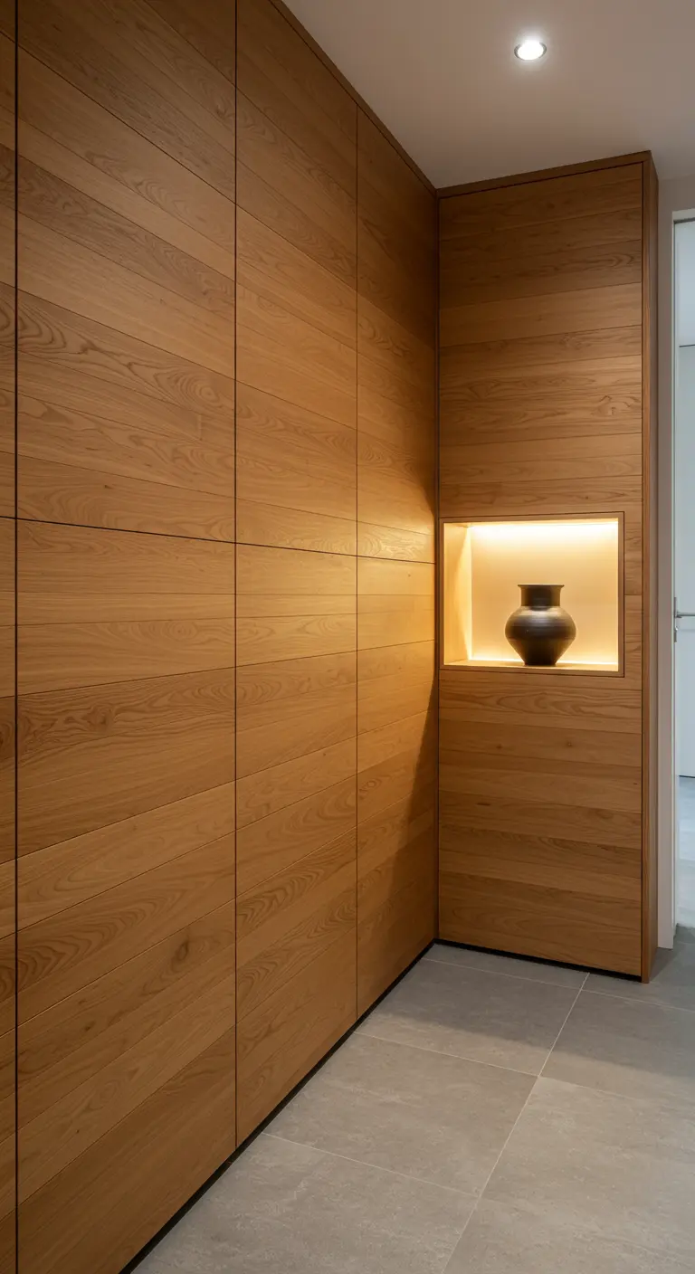 Pared de paneles de madera modernos con un nicho de pared iluminado para un jarrón