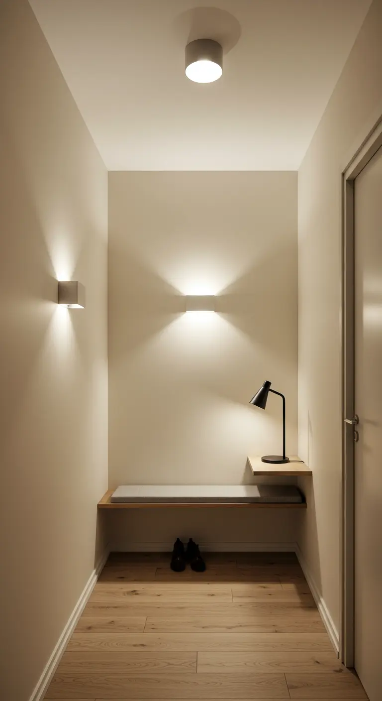 Nicho en la pared con un banco flotante iluminado por apliques de luz indirecta y una lámpara de mesa.