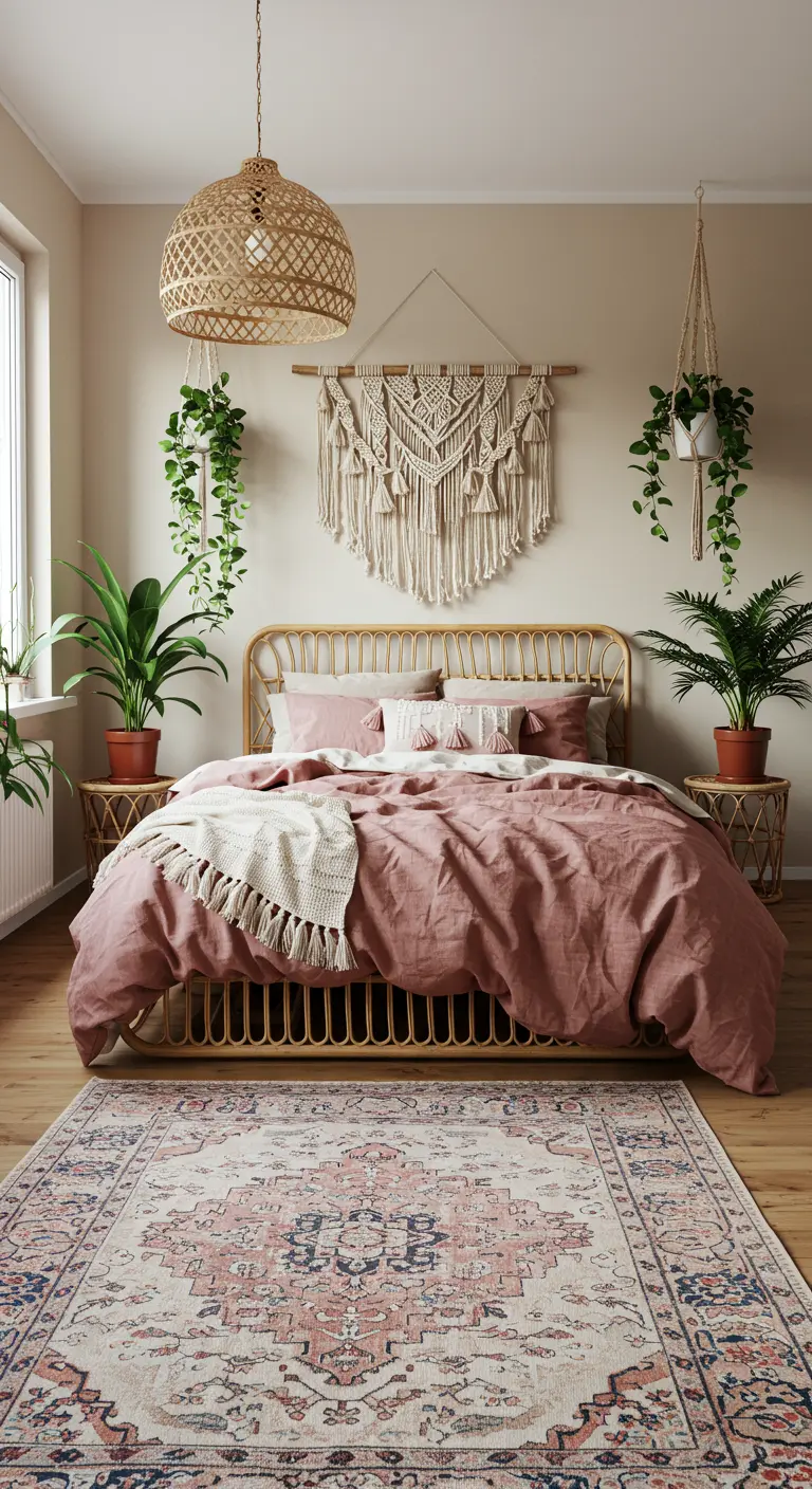 Dormitorio bohemio con cabecero de ratán, macramé en la pared y plantas colgantes.