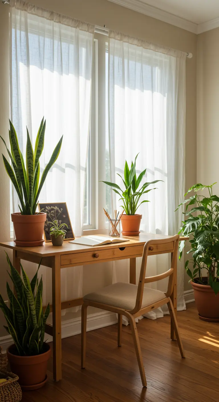Escritorio de madera rodeado de plantas de interior, creando un ambiente fresco y natural.