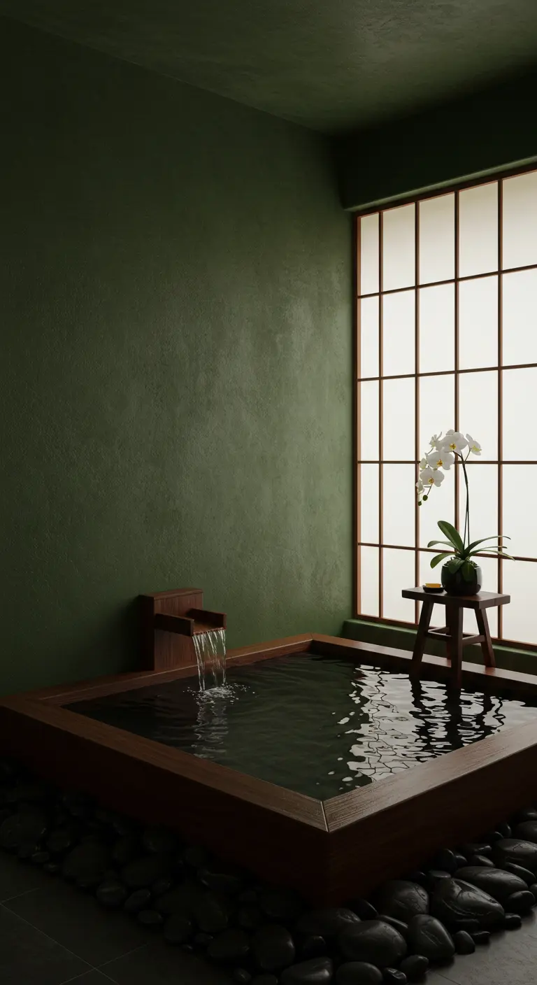 Baño de inspiración japonesa con bañera ofuro de madera, paredes verdes y mampara shoji.