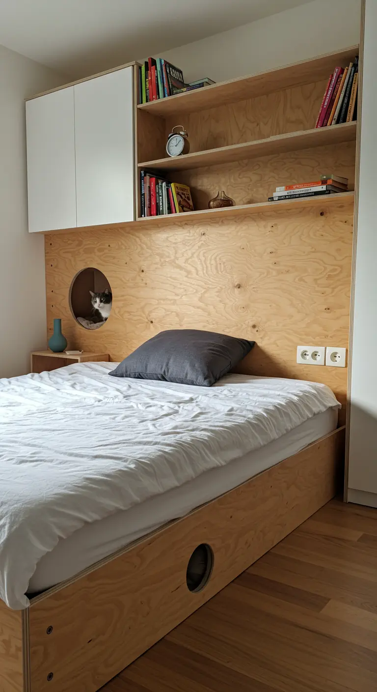 Cabecero de contrachapado de madera con estanterías y un nicho redondo para un gato