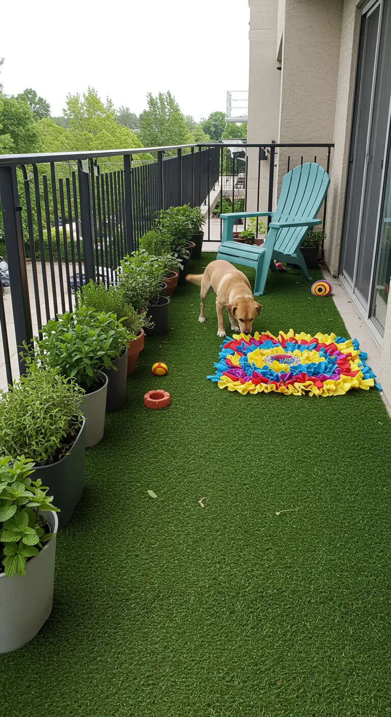 Perro jugando con una alfombra de olfato sobre césped artificial en un balcón con plantas aromáticas