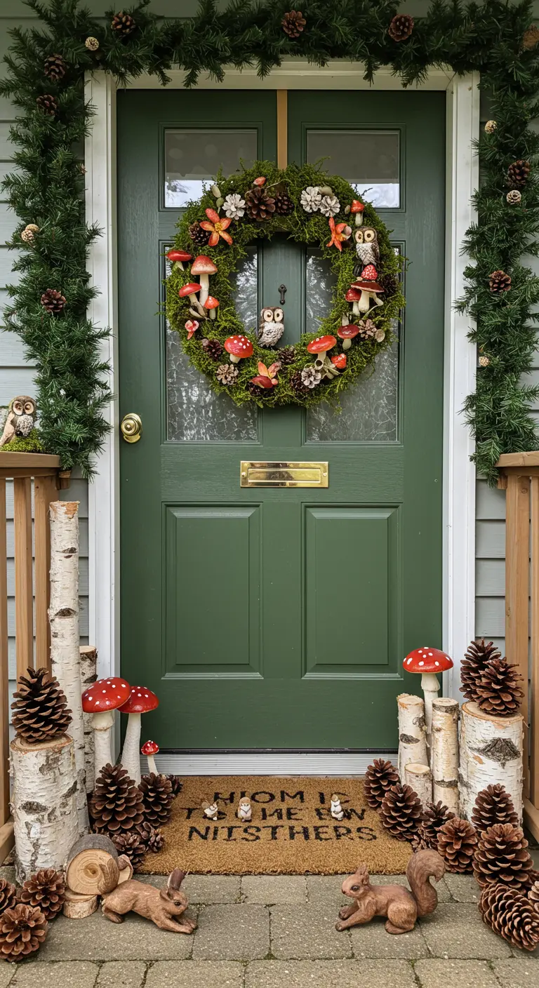Puerta verde con una corona de musgo decorada con setas y búhos, rodeada de troncos de abedul y piñas.