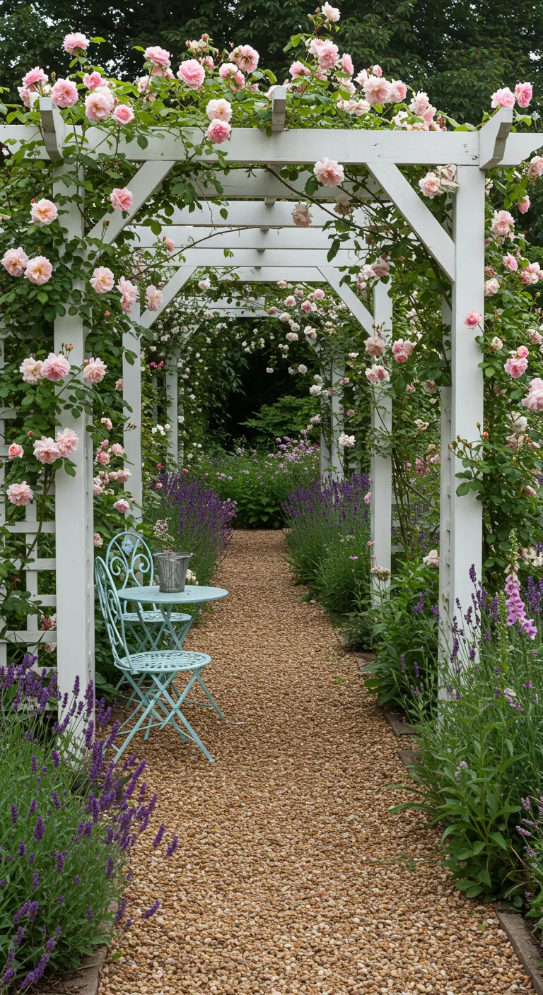 Camino de jardín bajo un túnel de pérgolas blancas cubiertas de rosales rosados.