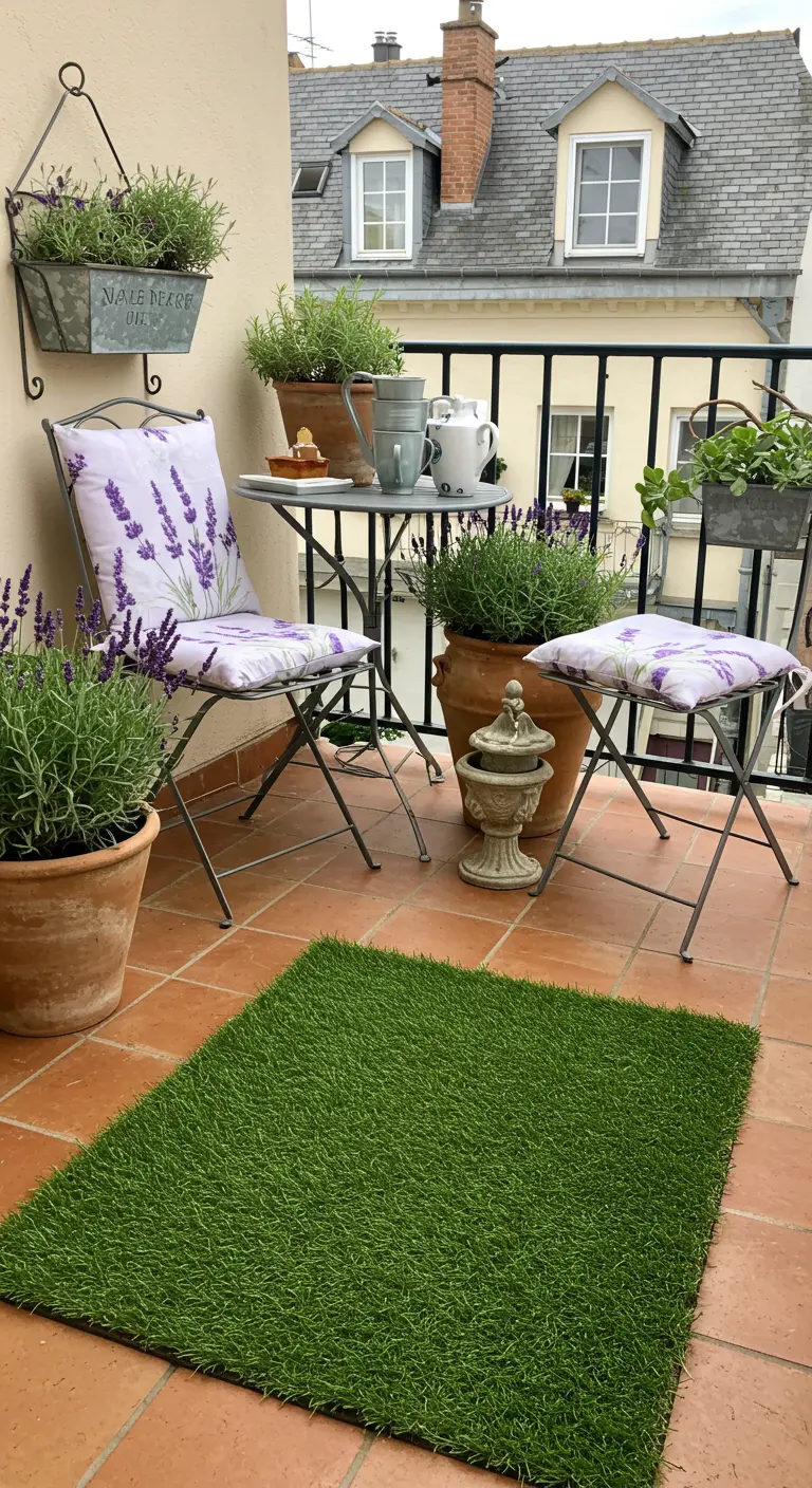 Balcón de estilo provenzal con muebles de forja, cojines de lavanda y macetas de terracota