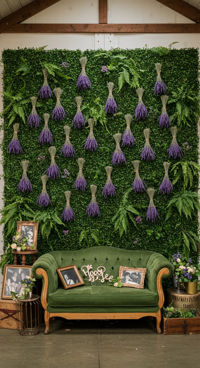 Pared verde decorada con ramos de lavanda y un sofá de terciopelo verde delante.