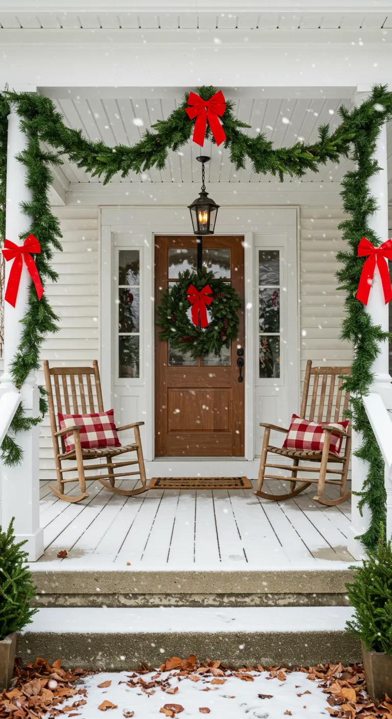 Porche blanco de una casa con guirnaldas, lazos rojos y una corona en la puerta mientras nieva.