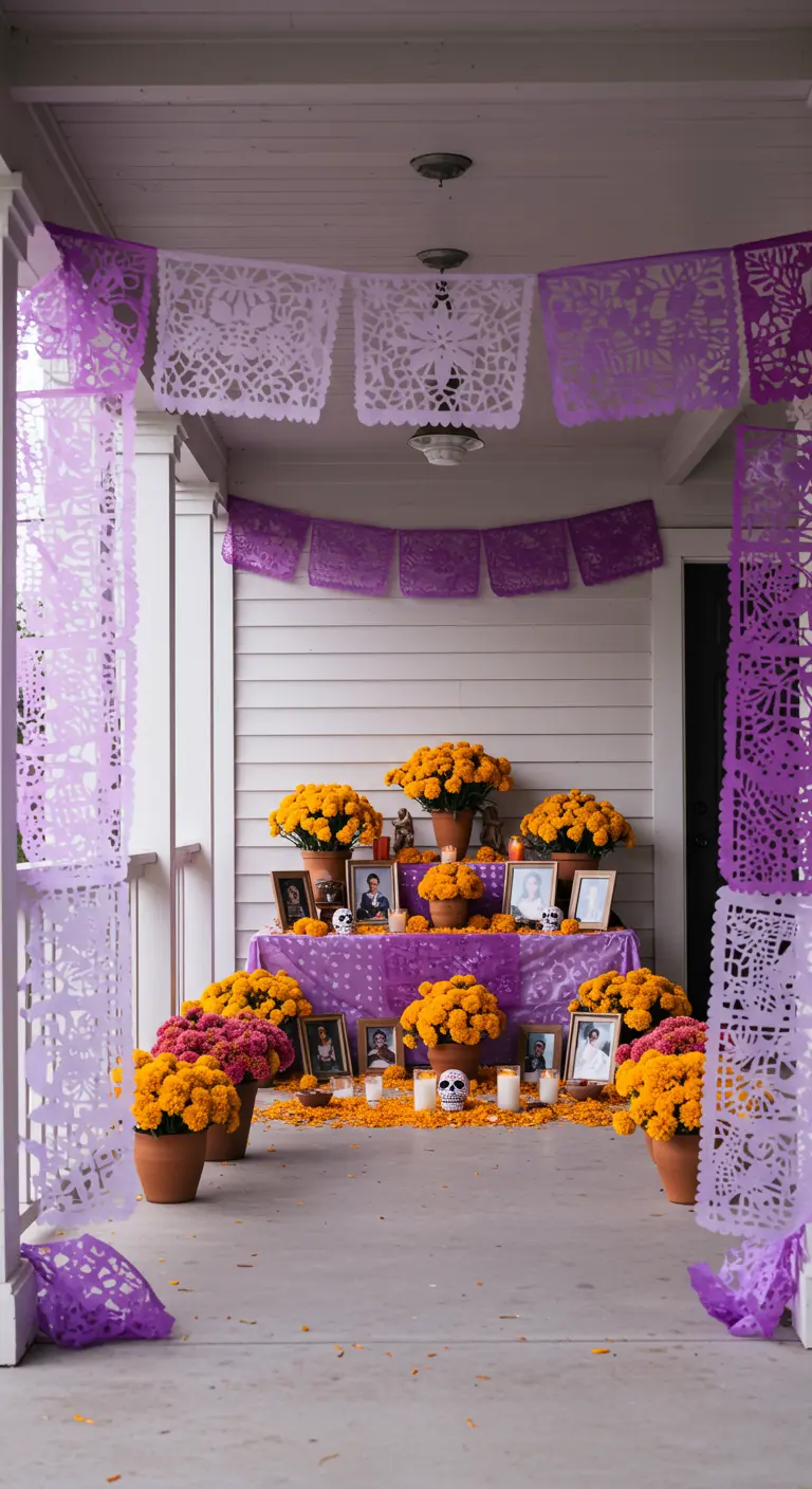 Altar del Día de Muertos en un porche decorado con papel picado en tonos morados.