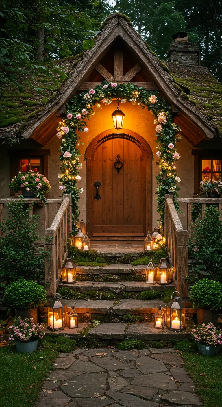 Entrada de cabaña de cuento con arco de flores y luces, y faroles en los escalones de piedra.