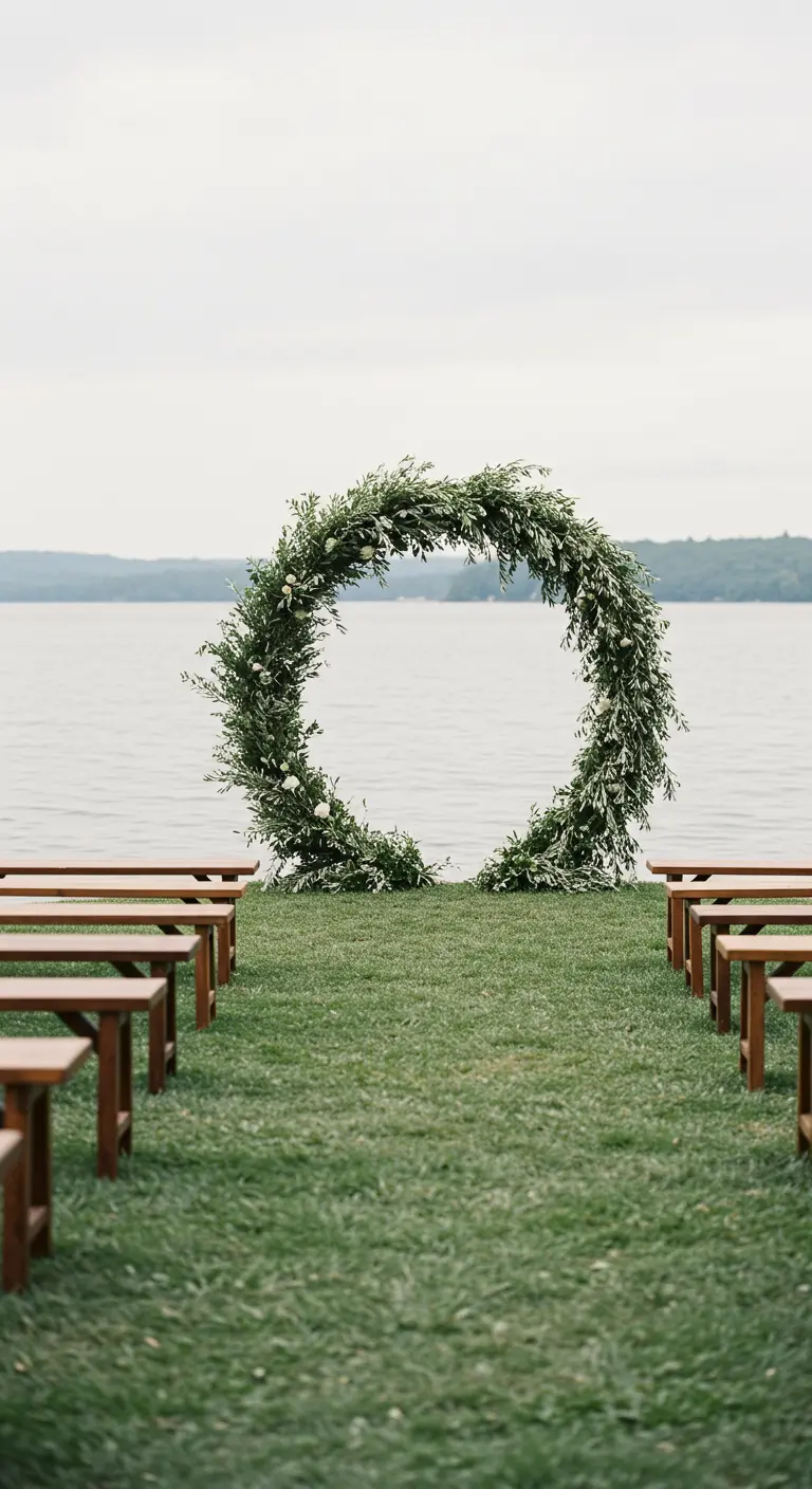 Gran arco de boda circular cubierto de vegetación, con un lago y colinas al fondo.