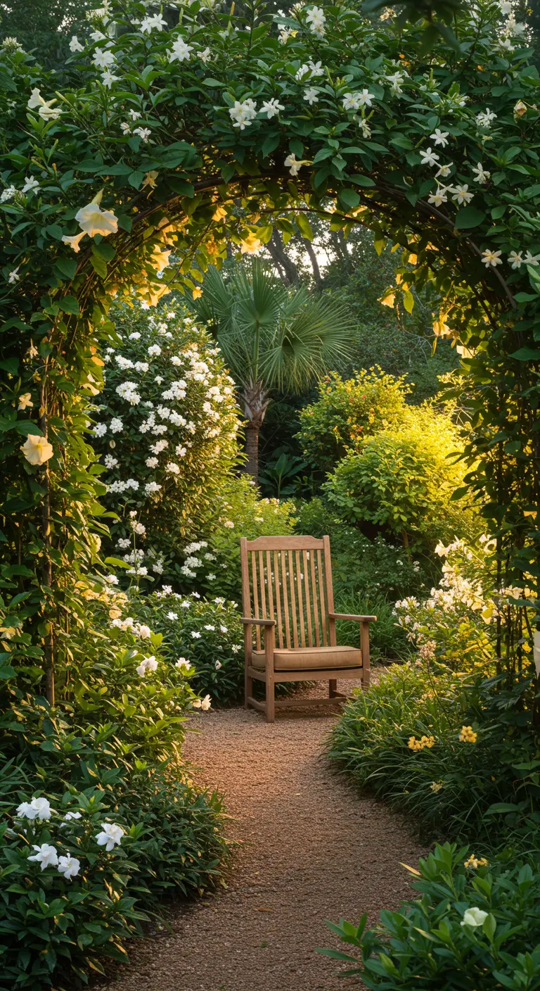 Arco de jardín cubierto de enredaderas con flores blancas que enmarca una silla de madera al fondo.