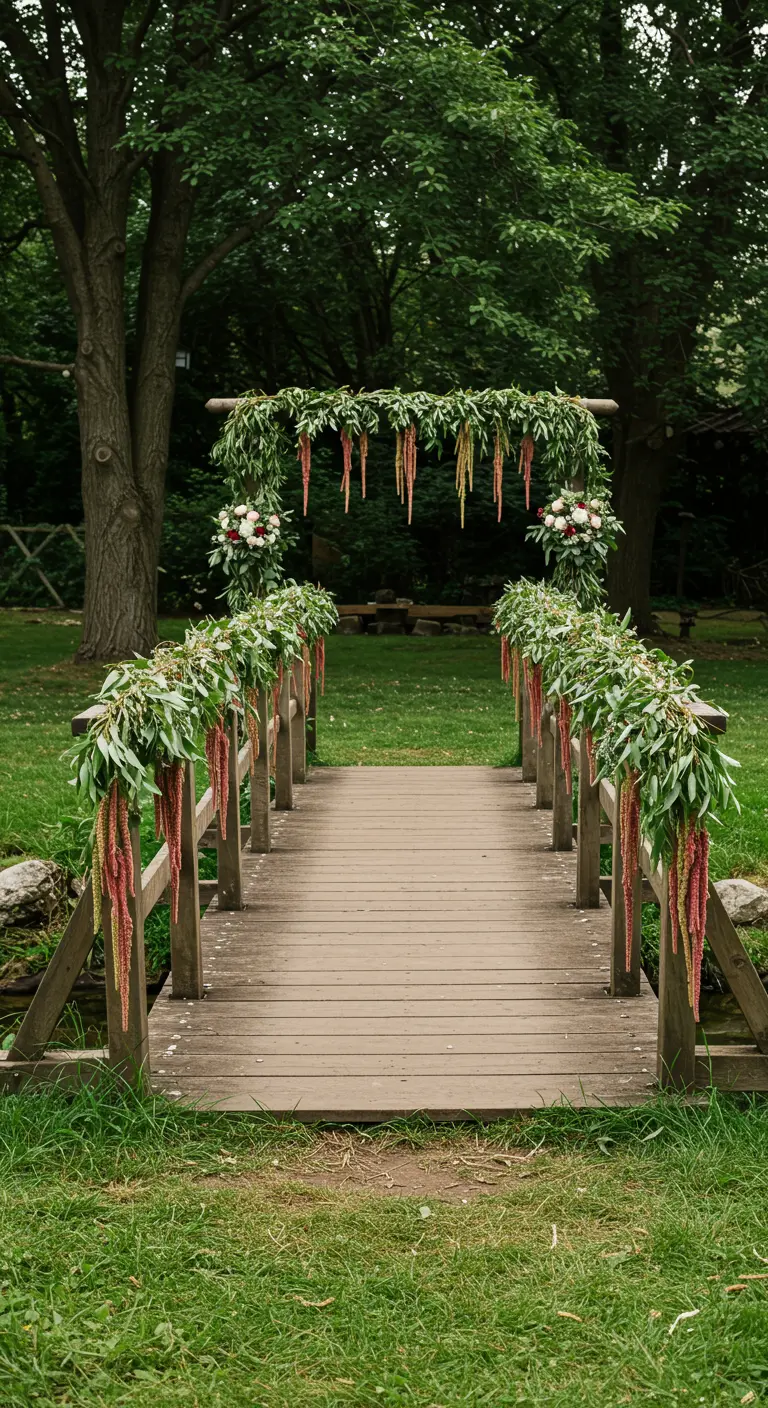 Pequeño puente de madera decorado con guirnaldas verdes y flores colgantes de amaranto.
