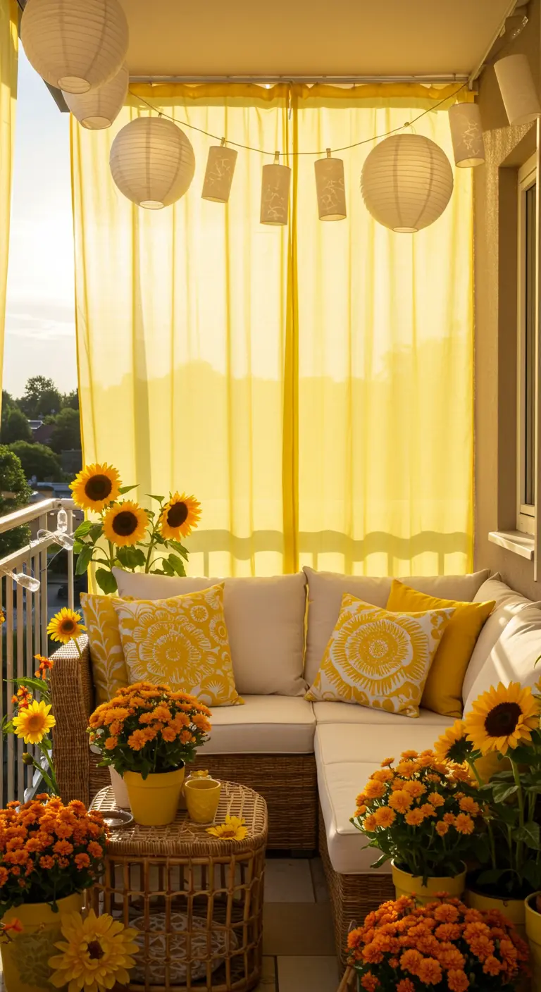 Balcón soleado y alegre con cortinas amarillas, farolillos de papel, sofá de mimbre y girasoles.