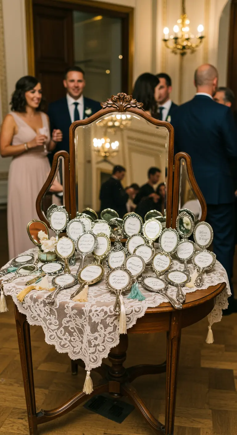 Mesa de madera con decenas de pequeños espejos de mano vintage, cada uno con un nombre.
