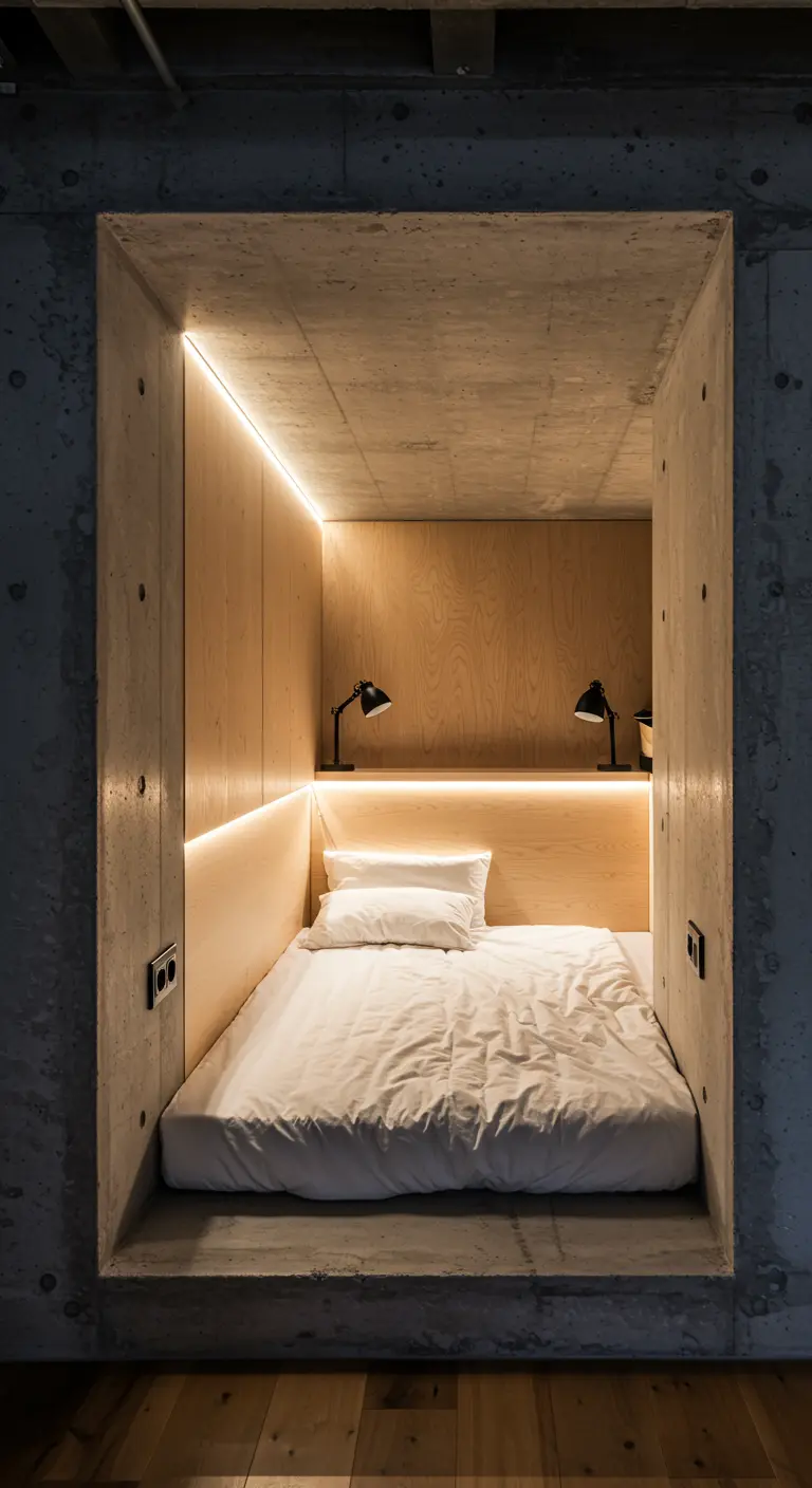 Cama dentro de un nicho de hormigón visto con paredes de madera y luces indirectas
