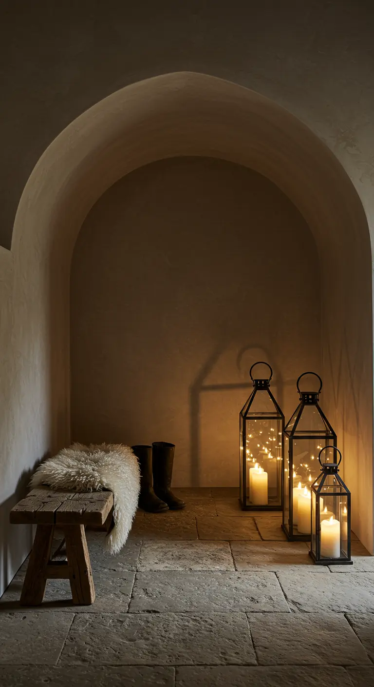 Nicho de piedra con banco de madera rústico, manta de piel y farolillos con luces cálidas.