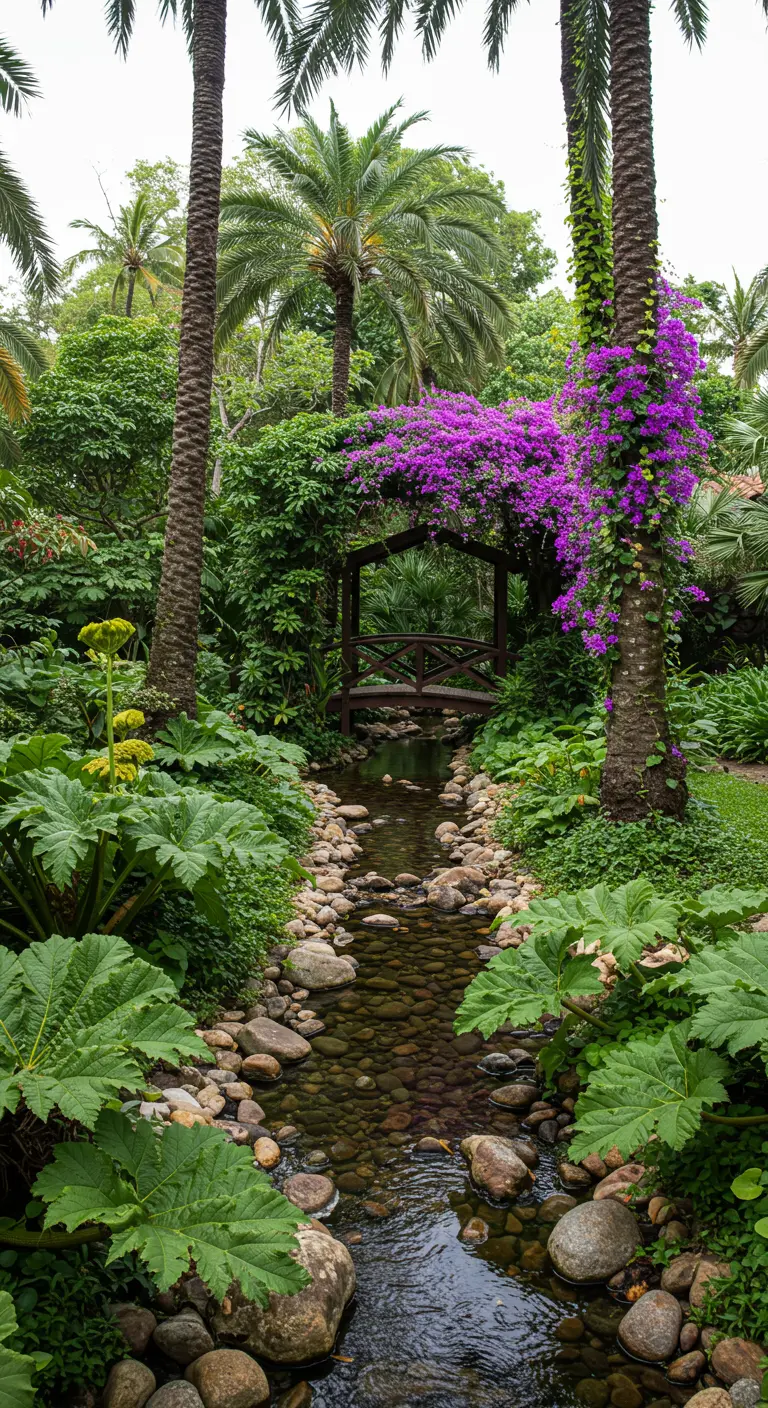 Pequeño arroyo con piedras que serpentea bajo un puente de madera en un jardín selvático con buganvillas.