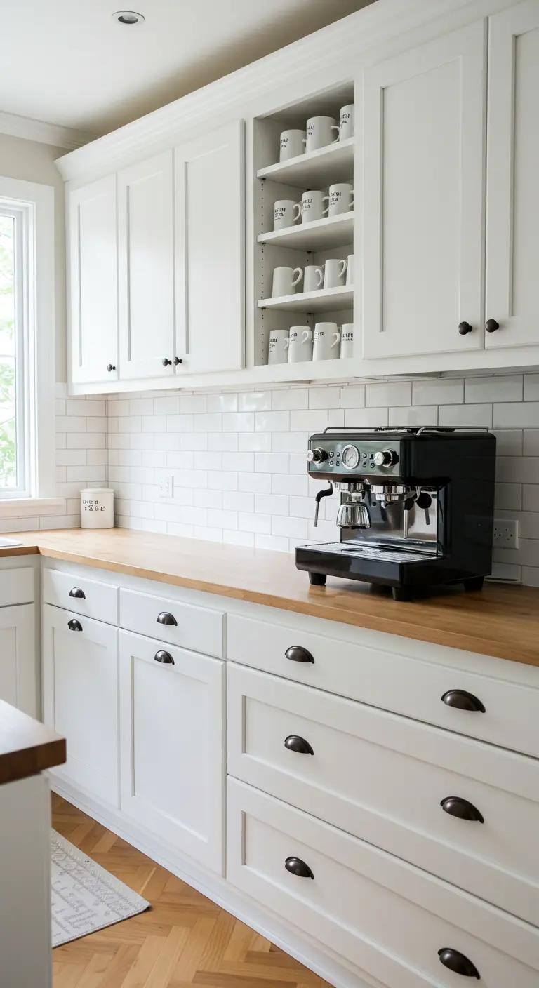Cocina blanca con encimera de madera y herrajes negros estilo farmhouse.