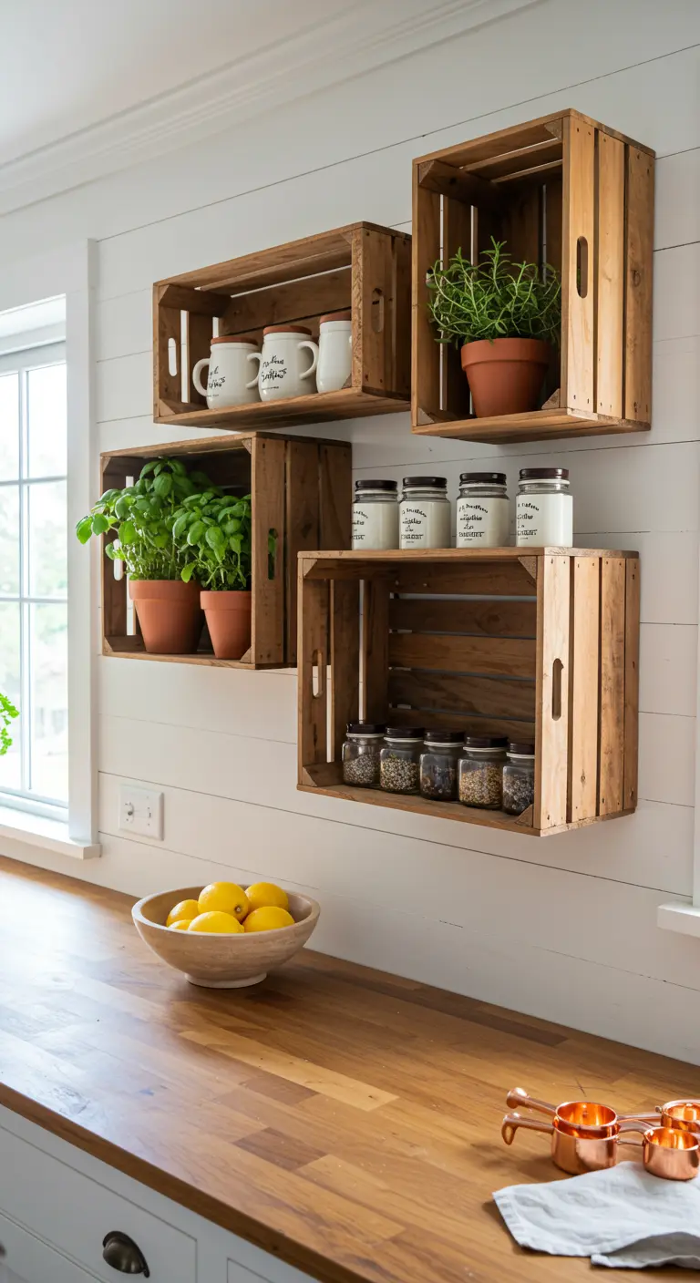 Estanterías flotantes hechas con cajas de madera en una cocina de estilo rústico.