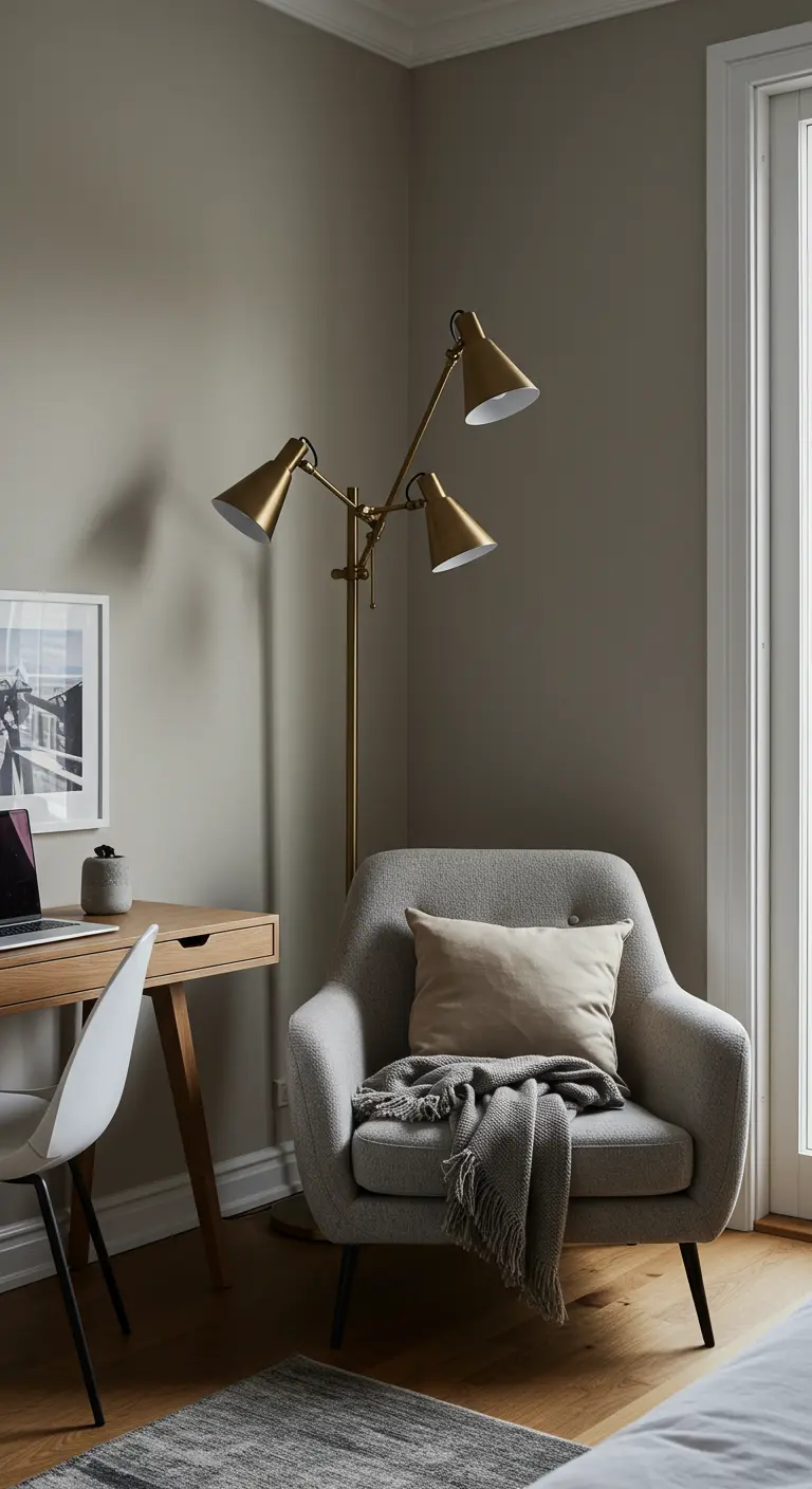 Rincón de trabajo junto a un sillón gris y una lámpara de pie dorada con varios focos.