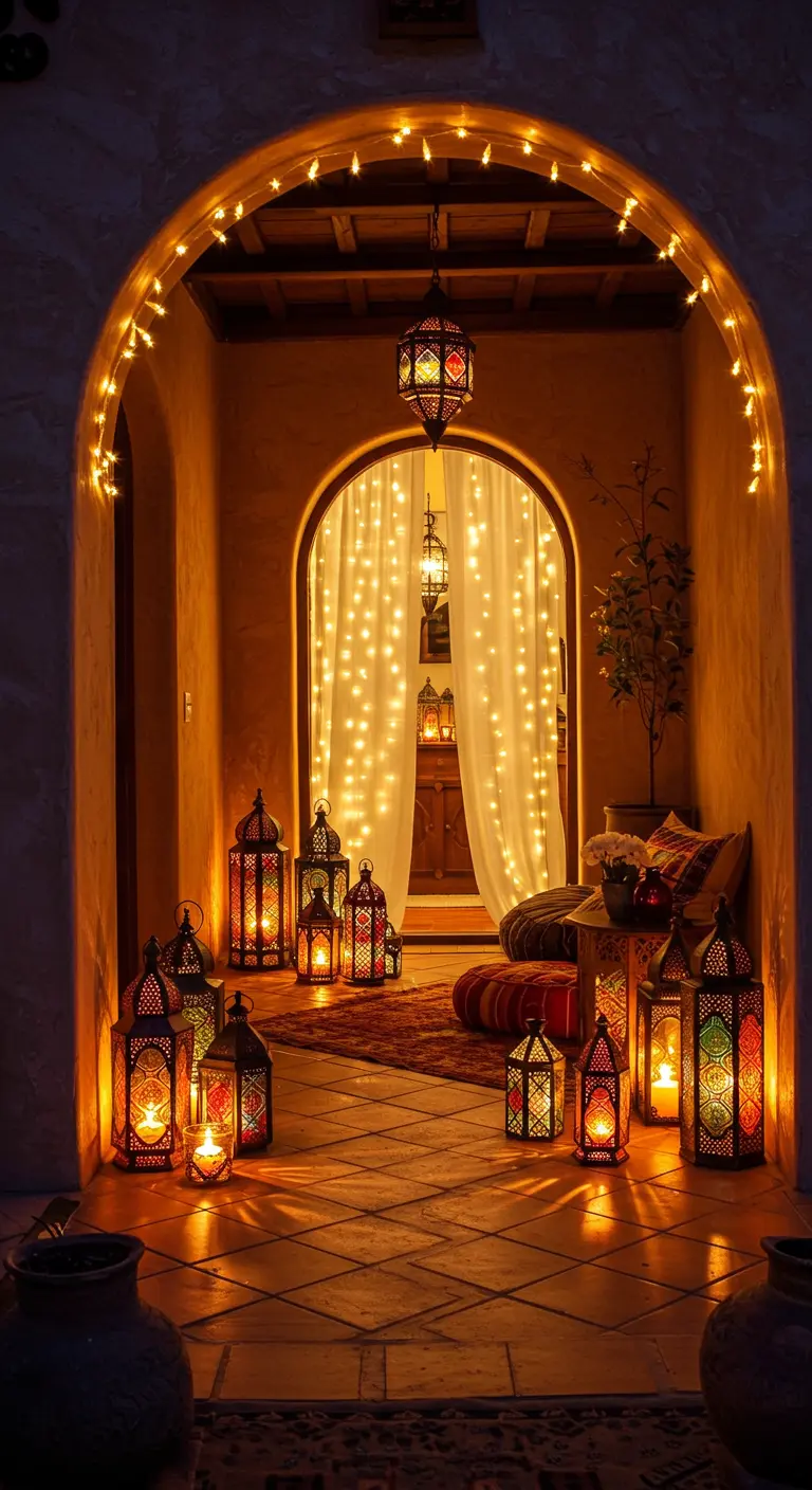 Entrada de estilo árabe con un arco, cortinas y múltiples farolillos marroquíes iluminados.
