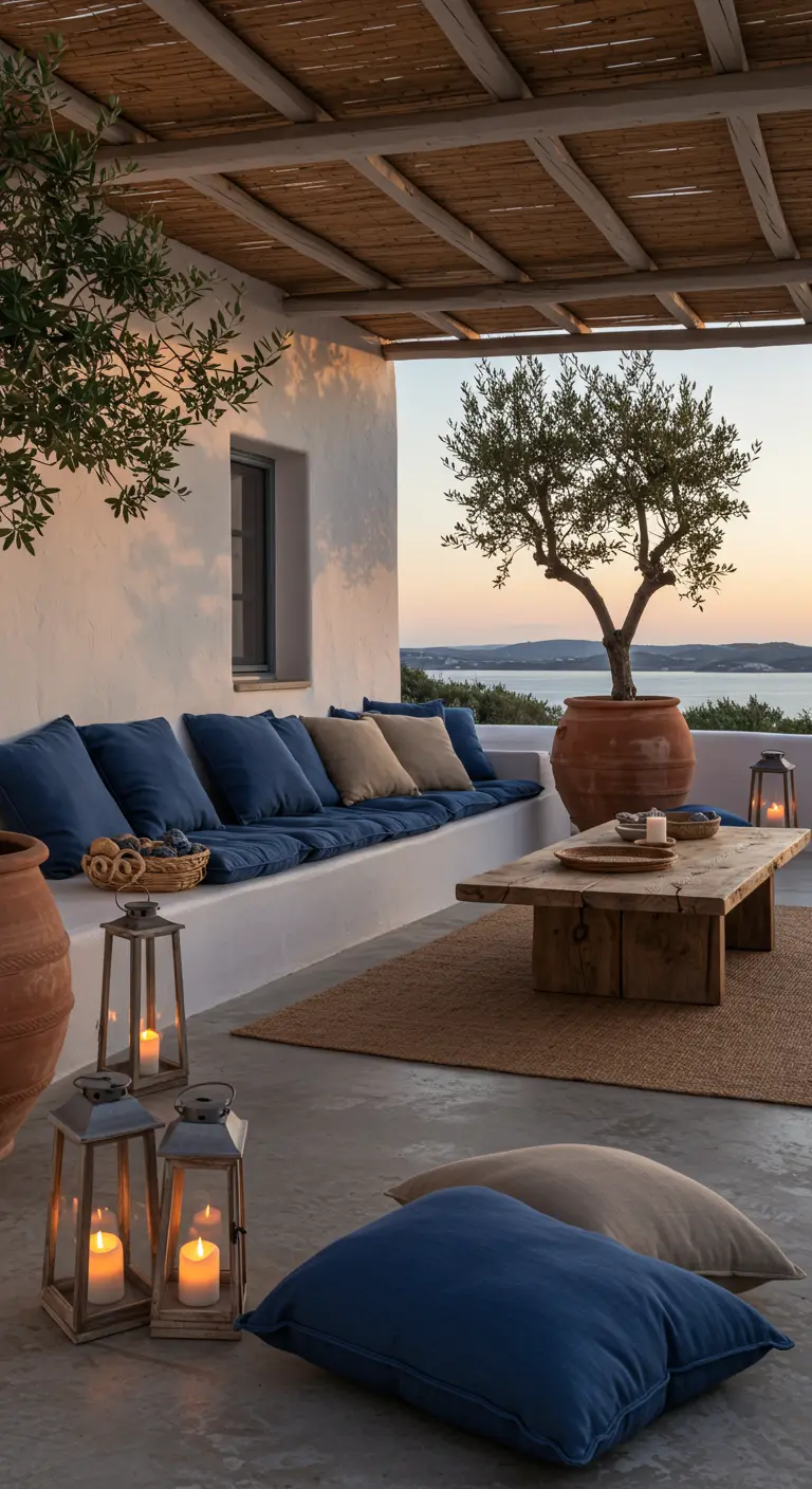 Patio estilo griego con un sofá bajo de obra, cojines azules y farolillos al atardecer