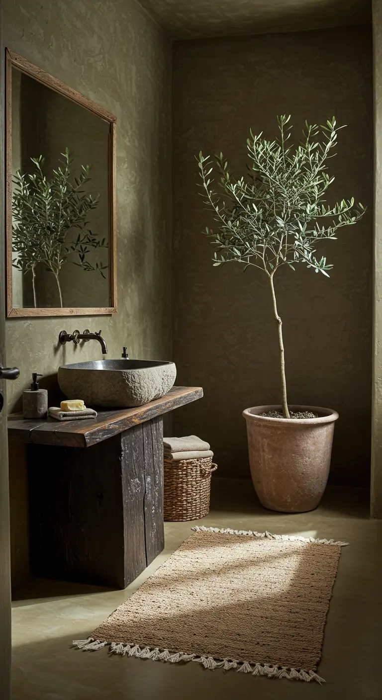 Baño de estilo mediterráneo con un olivo en maceta, paredes color tierra y madera rústica.