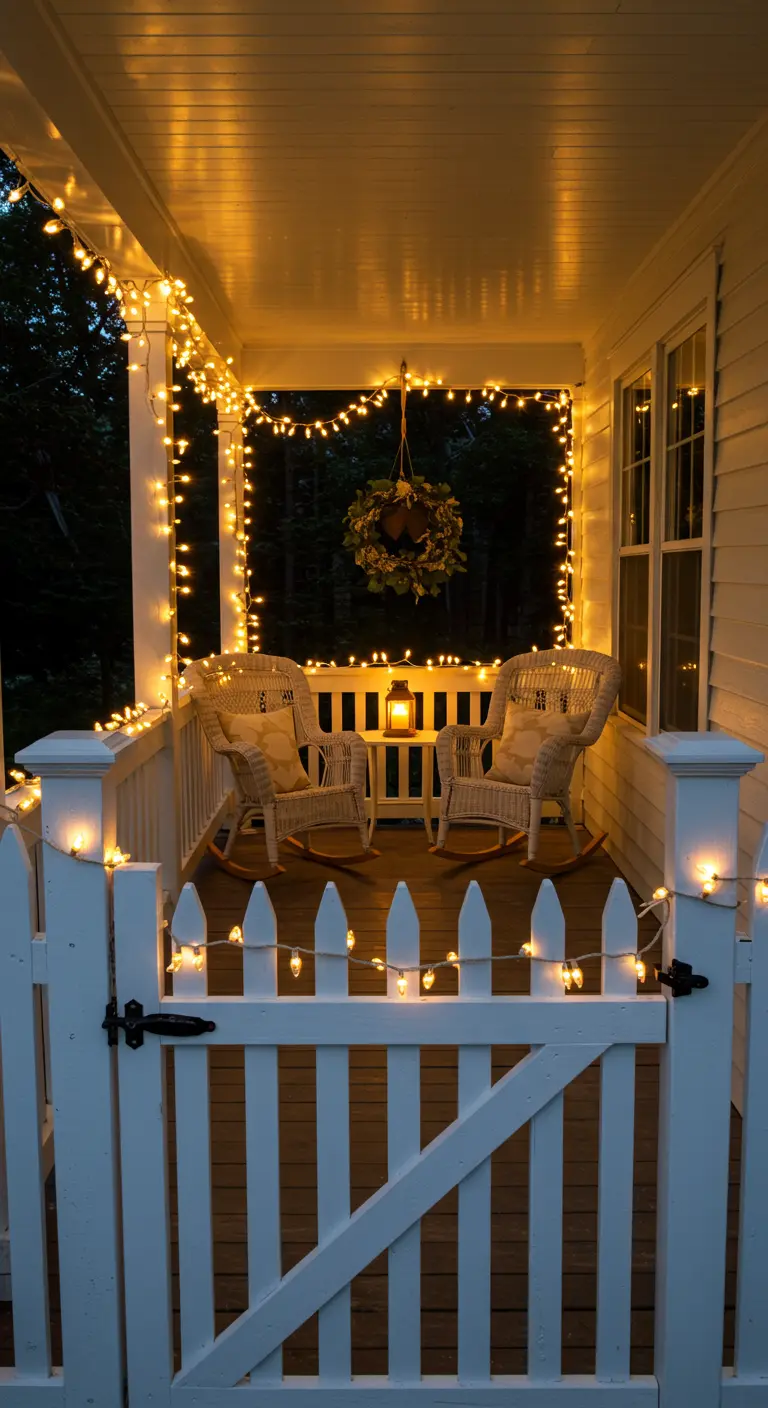 Rincón de porche con dos sillas de mimbre enmarcado por guirnaldas de luces en la pared.