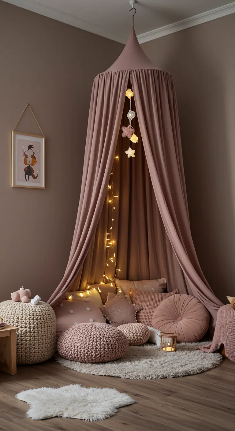 Rincón de lectura infantil con un dosel rosa, cojines en el suelo y una guirnalda de luces.