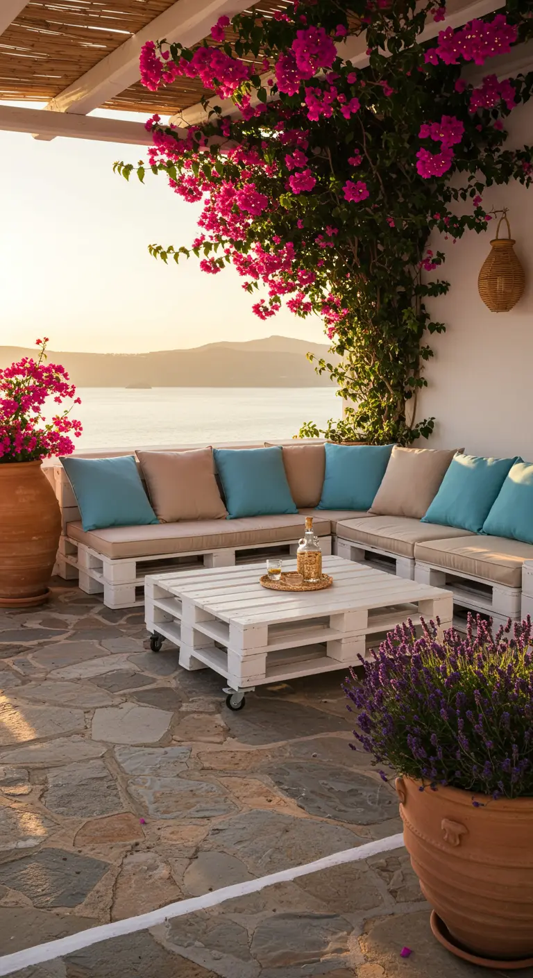 Sofá de palets blancos con cojines azules y beis en una terraza con vistas al mar y buganvillas.
